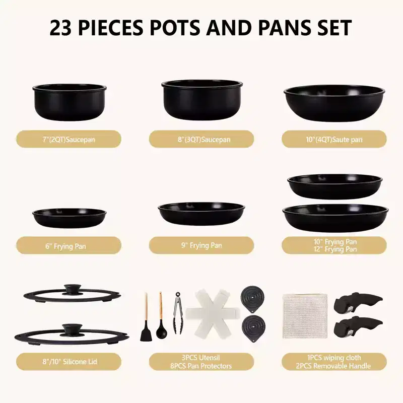 ROVSUN 23 Pcs Nonstick Pots and Pans Set, Aluminum Kitchen Cookware Set w/Detachable Handles, RV Kitchen Dishwasher Safe, PFAS PFOA & PFOS Free,Black