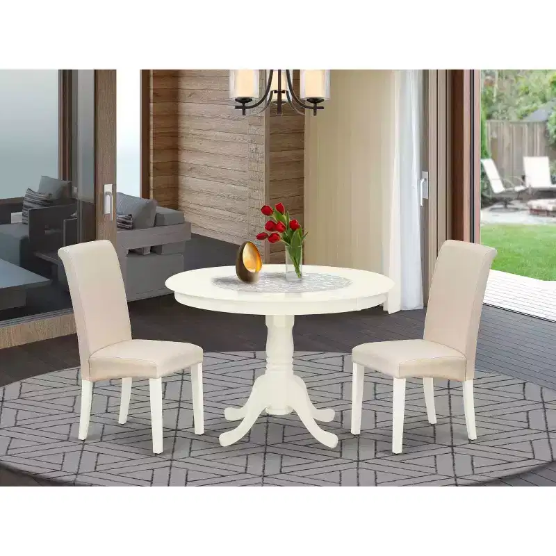 3Pc Dinette Set - Round Kitchen Table & 2 Parsons Chairs - Linen White Finish