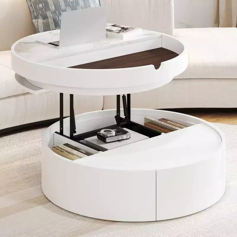 Whisen Modern Lift Top Coffee Table with Hidden Storage and Drawer, Marble and Wood Grain Tabletop - White & Walnut