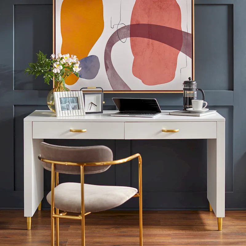 Mid-Century Modern Desk with 2 Drawers & Gold Legs – 53