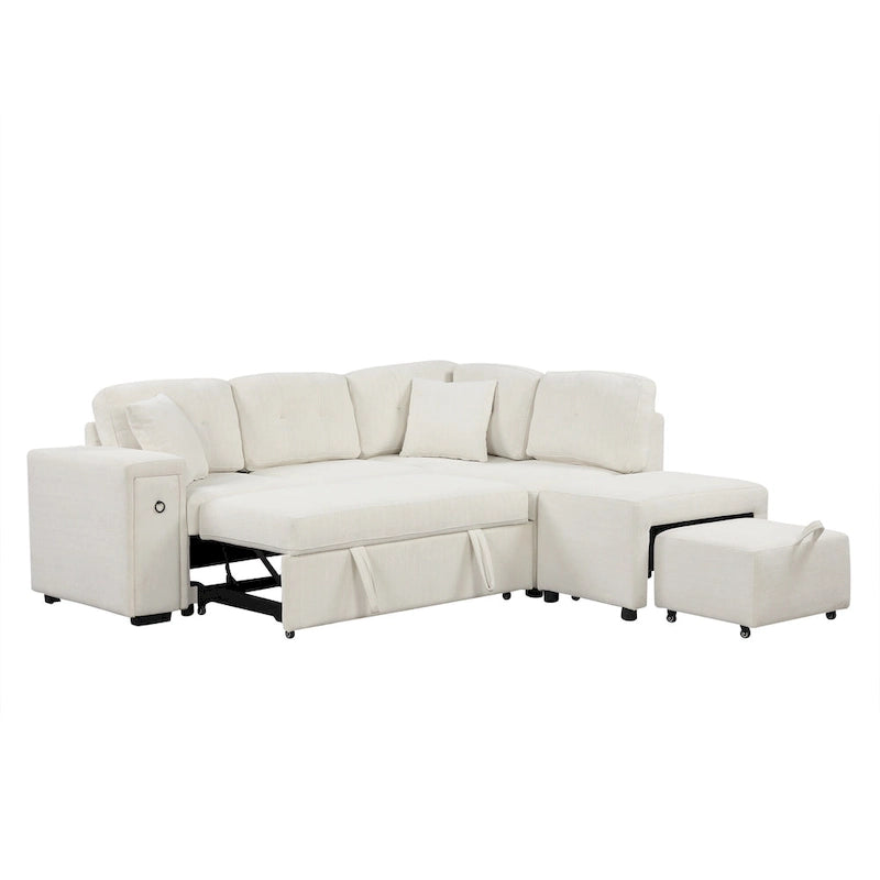 L-Shaped 4-Seat Sectional Sofa with Pull-Out Bed, Ottoman, USB Ports & Drop-Down Table