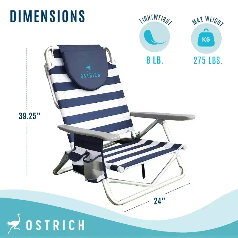 Ostrich On-Your-Back Portable Lightweight Sand Beach 6 Off-The-Ground Lounge Chair with 5 Adjustable Positions, Blue and White (3 Pack)