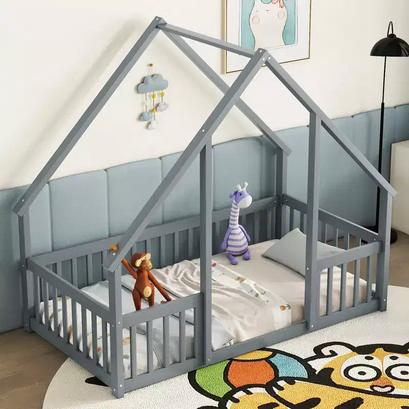 Twin/Full Size House Bed with Fence for Kids, Wood Floor Bed with Guardrails for Bedroom