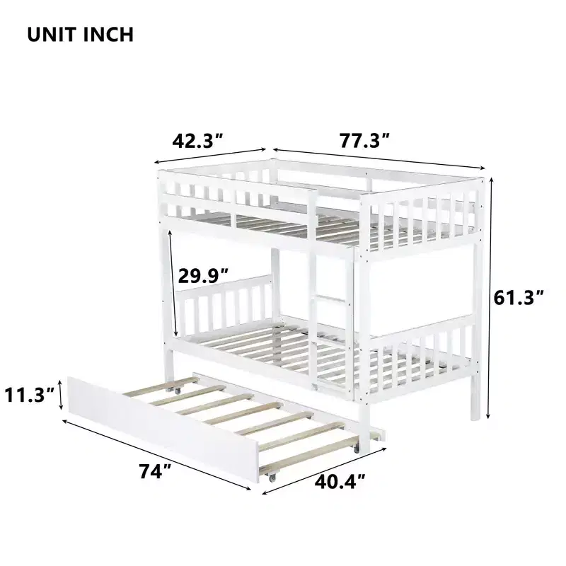 Twin Over Twin Modern Wood Bunk Bed with Trundle, Convertible into 2 Beds