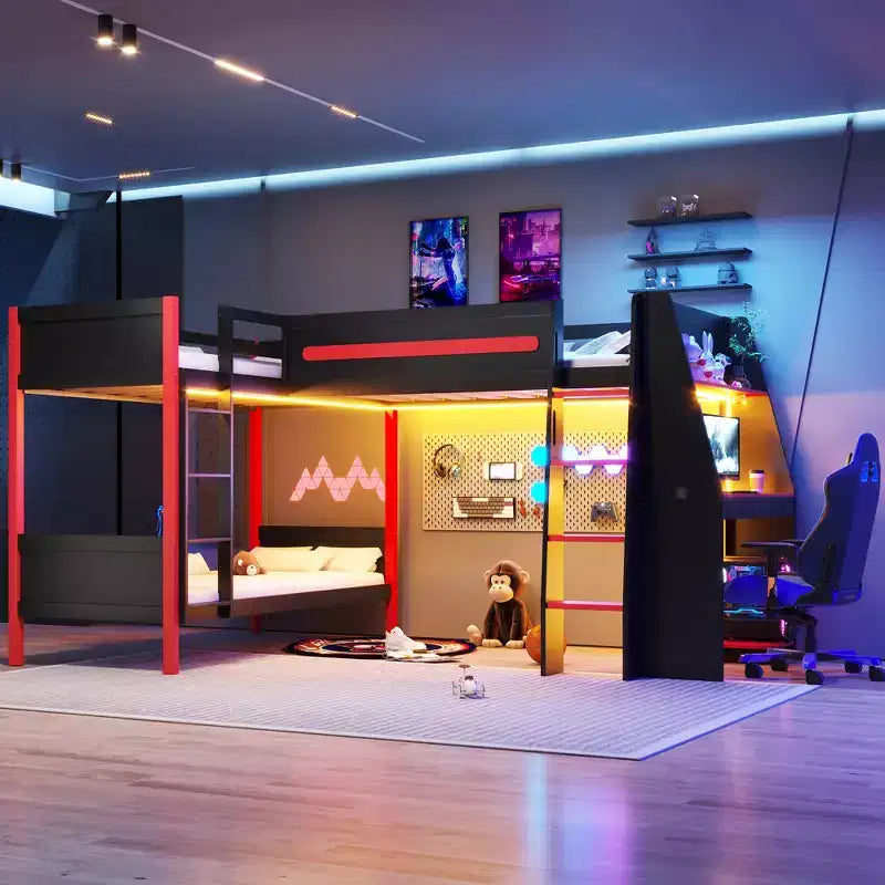 Twin Size L-Shaped Bunk Bed with Gaming Loft Bed Frame with Built-in Desk, Storage Shelves & LED Strip, Black+Red - ModernLuxe