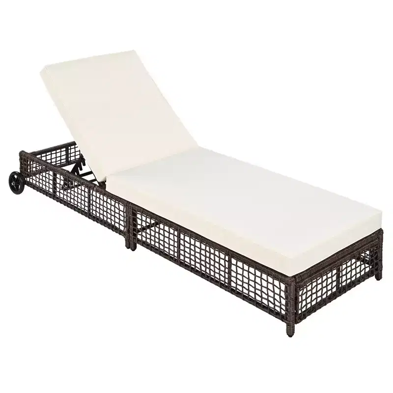 Clihome Outdoor Lounge Chair, Patio Chaise Lounge with 5-Position Backrest, Rattan Outdoor Lounge Chair with Cushion and Wheels for Poolside, Backyard