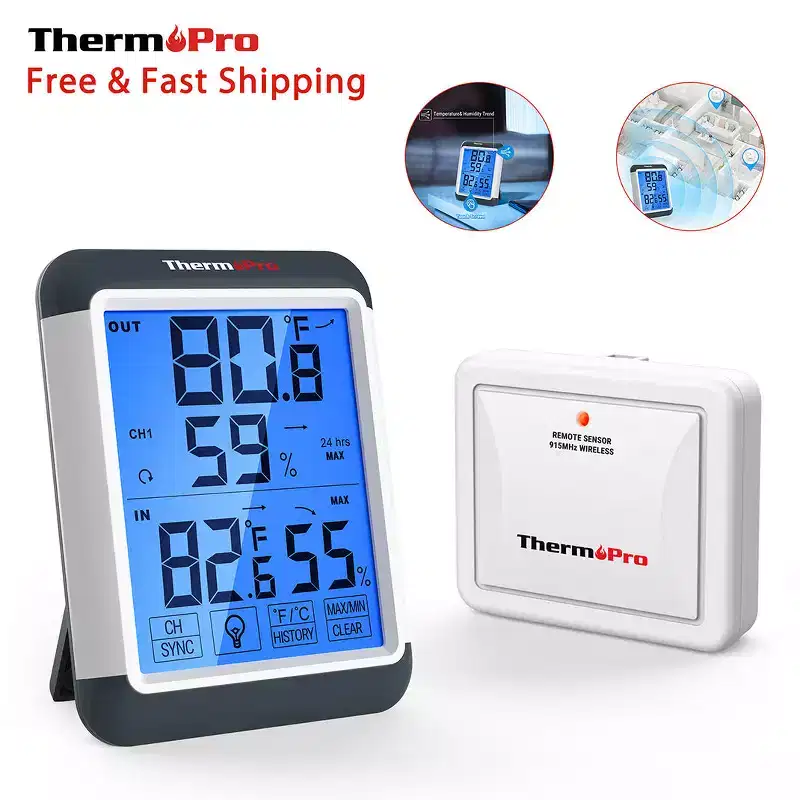 ThermoPro TP65W Indoor Outdoor Thermometer Digital Wireless Hygrometer Temperature Humidity Monitor with Jumbo Touchscreen and Backlight Humidity