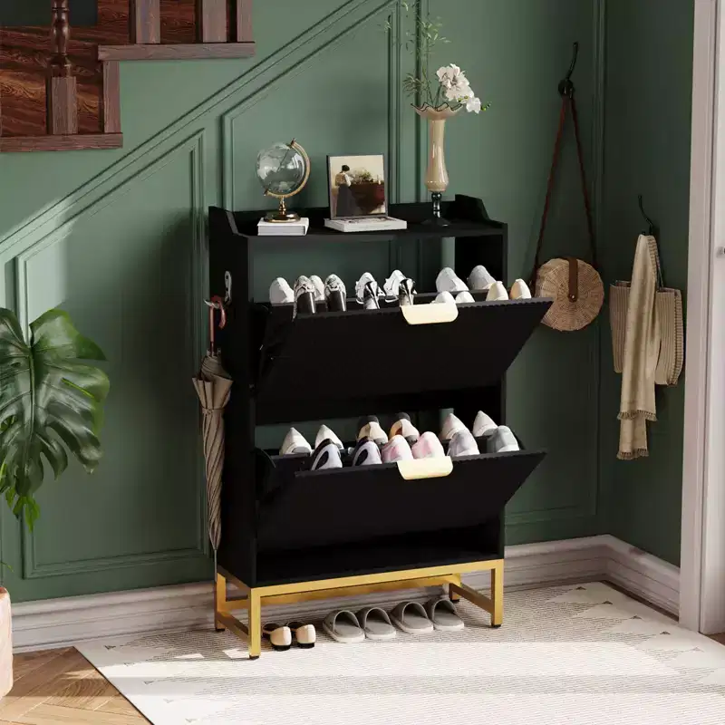 Fluted Shoe Cabinet with 2 Flip Drawers, Slim Modern Shoe Rack with Metal Legs