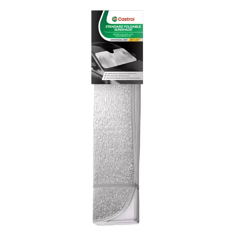 Castrol Standard Foldable Sunshade Universal 58 x 23 Car Windshield Sun Shade for Cars, Trucks & SUVs