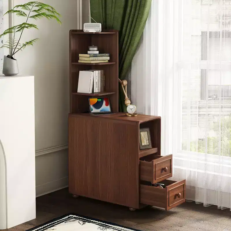 Whisen End Table & Corner Table with Drawers, Open Shelves for Bedroom and Corner - Walnut