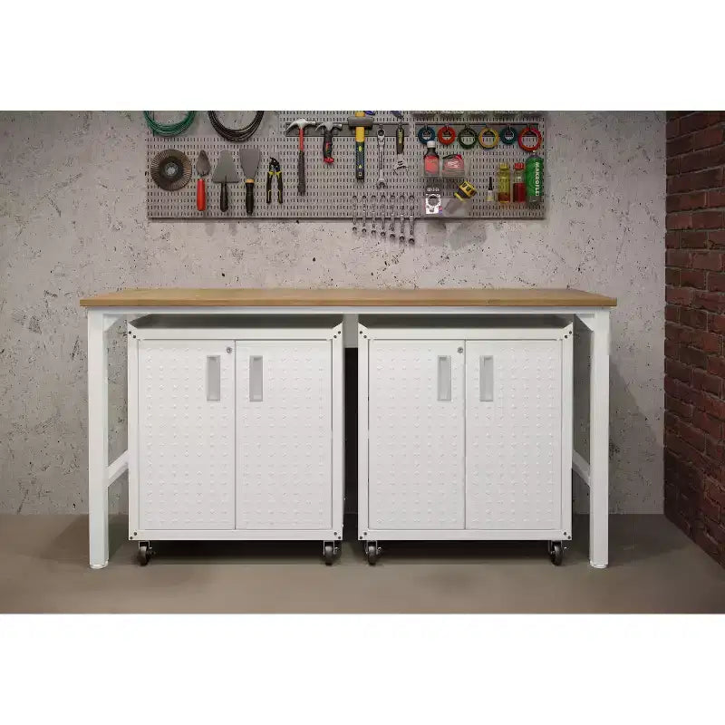 Manhattan Comfort Fortress 3pc Mobile Space Saving Garage Cabinet and Worktable Set 1.0 White: Lockable Storage & Adjustable Shelves