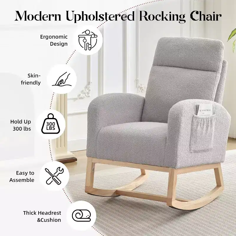 Rocking Glider Chair Modern Upholstered, Wingback Accent Rocker Chair Upholstered Tall Back Arm Chair