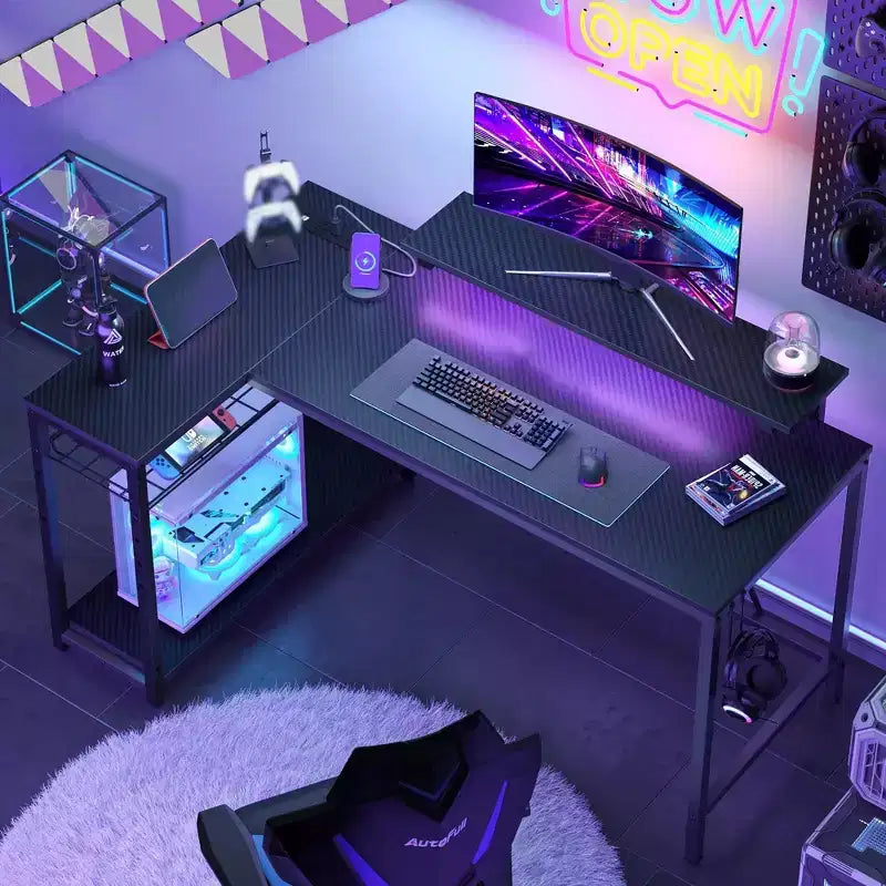 52 Gaming Desk with LED Lights L Shaped Desk with Power Outlet & Monitor Stand Corner Computer Desk