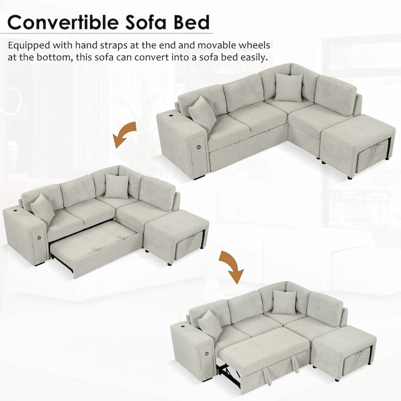 L-Shaped 4-Seat Sectional Sofa with Pull-Out Bed, Ottoman, USB Ports & Drop-Down Table