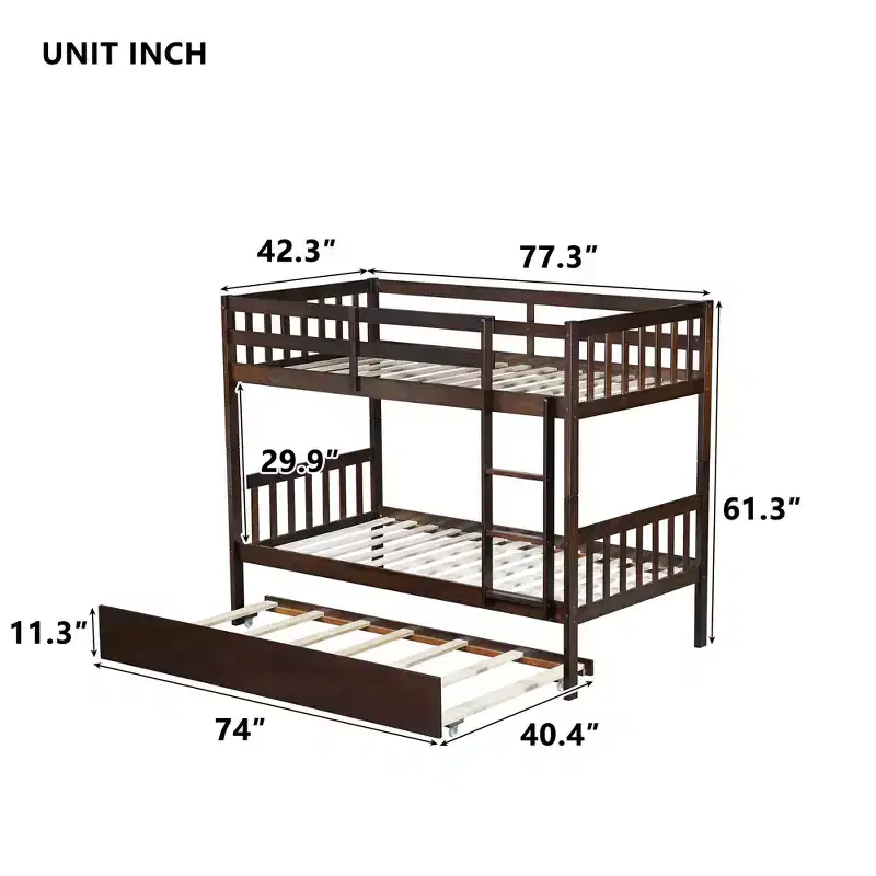 Twin Over Twin Modern Wood Bunk Bed with Trundle, Convertible into 2 Beds