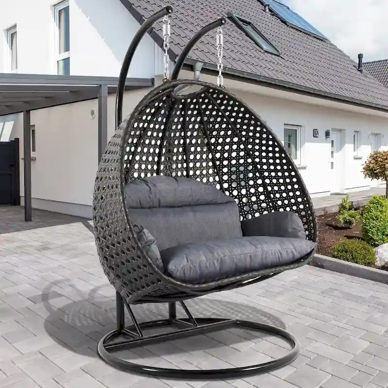 Fauteuil suspendu œuf LeisureMod pour 2 personnes avec support - Balancelle hamac/fauteuil roulant d'extérieur/intérieur en rotin tressé avec coussins