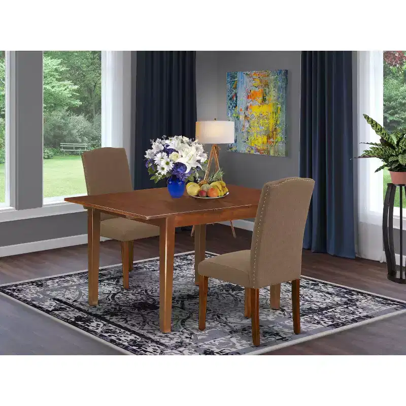 Rectangular Dining Table Set - 3pc Table & 2 Parsons Chairs - Dark Coffee Linen Fabric - 42 to 53.5