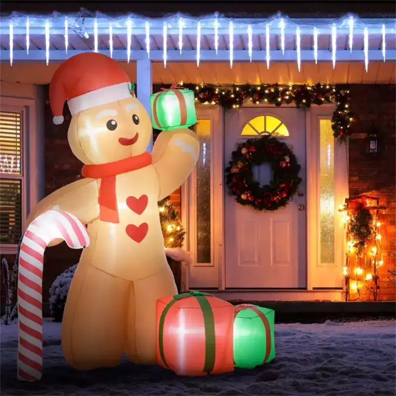 NAYSAYE 8FT Gingerbread Man Inflatable Christmas Decoration Holding Candy Cane and Gift Boxes Festive Holiday Yard Display, 74.8*37.8*94.5