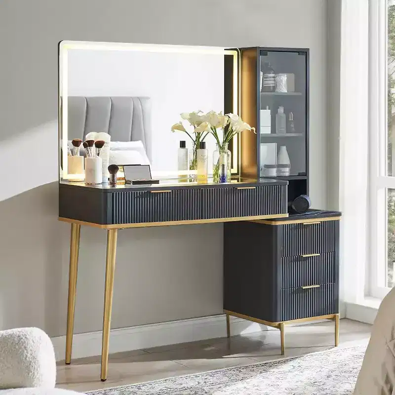 Fluted Makeup Vanity Tables with 36 HD Lighted Mirror, 48 Big Modern Vanity Desk with Glass Top & 5 Drawers & Shelves, Dressing Table