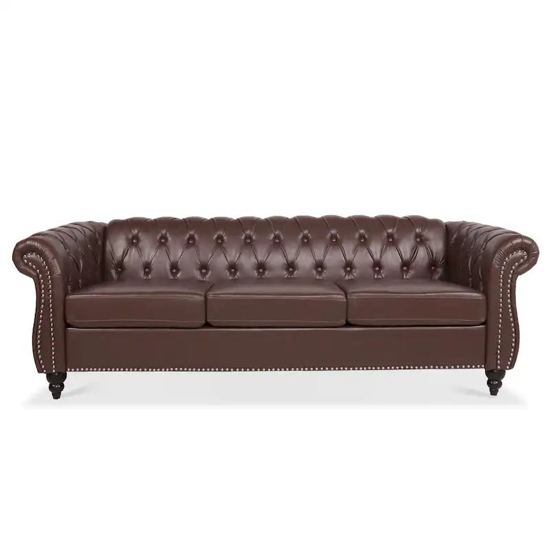 84 Mid-Century Modern 3-Seater Chesterfield Sofa, PU Leather, Birch Legs, 660 lbs