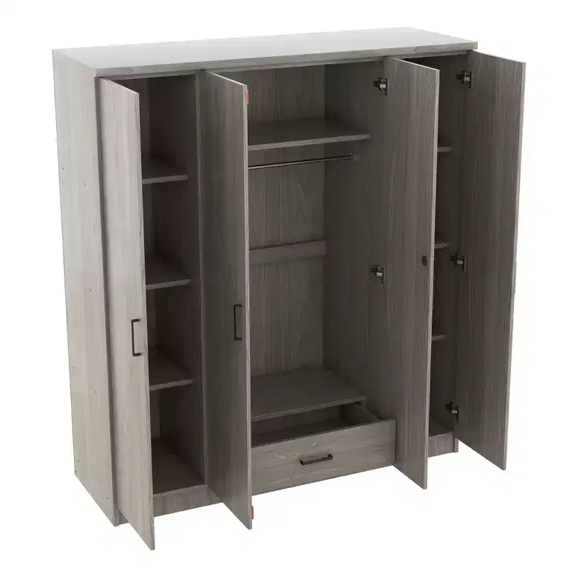 Armoire-penderie en bois à 4 portes avec tringle, 1 tiroir et étagères de rangement