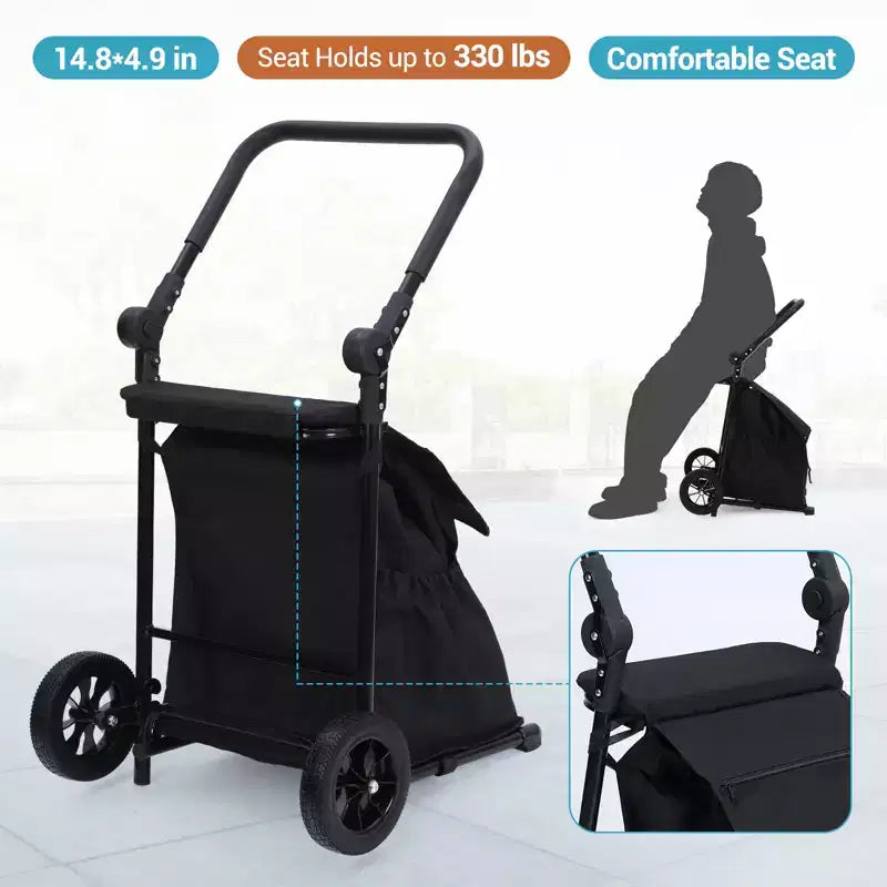 2 In 1 Foldable Grocery Cart, Heavy Duty Collapsible Shopping Cart with Seat, Adjustable Non Slip Handle, Folding Hand Truck Utility Cart, Black