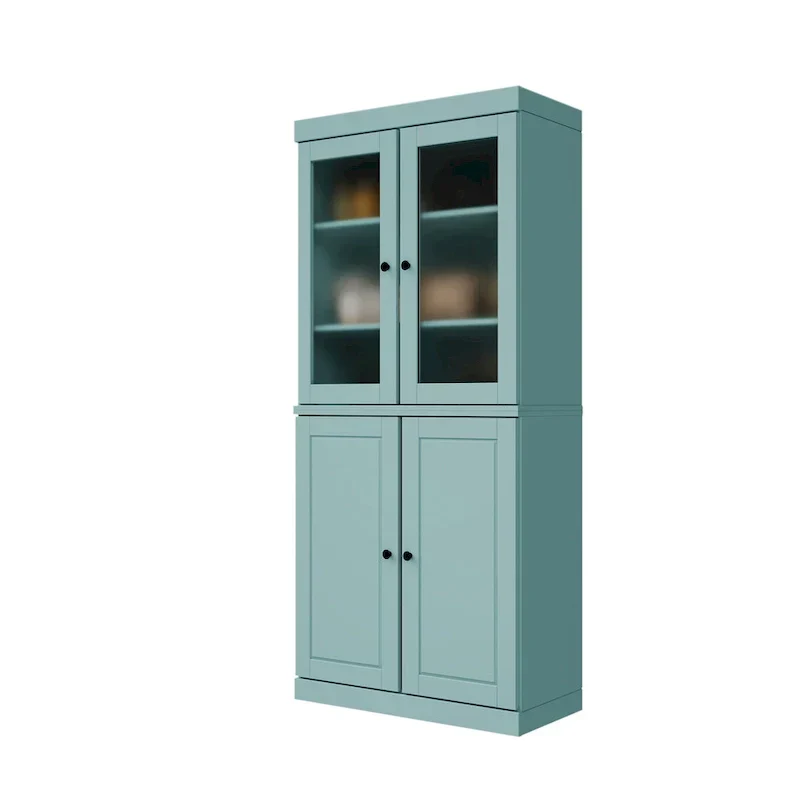Armoire de rangement 100 % bois massif avec portes en verre dépoli, portes pleines, 2 tiroirs et étagères réglables.