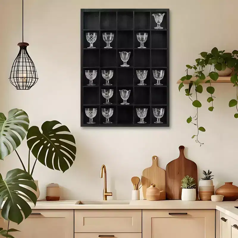 2 Pcs Shot Glass Display Case, Black Wooden Shot Glass Shelf with Removable Shelves, Wall Mounted Shadow Box Thimble Display Case, 30 Slots
