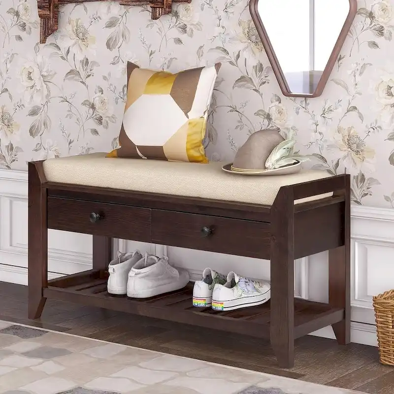 Wooden Storage Bench with Shoe Rack and Drawers