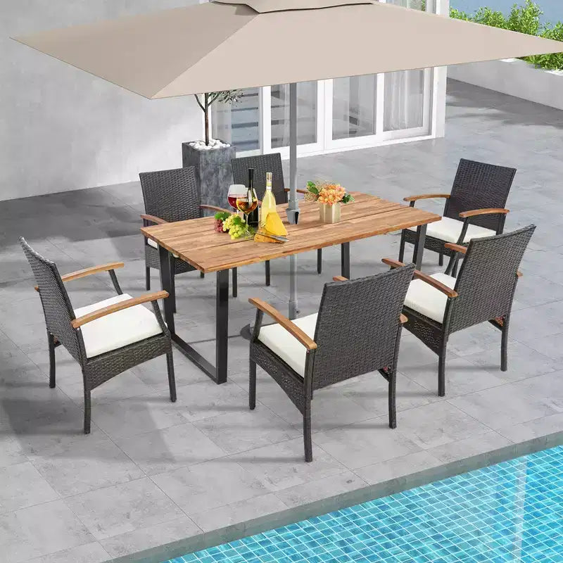 Costway 7 PCS Patio Rattan Dining Set Acacia Wood Table 6 Wicker Chairs with Umbrella Hole