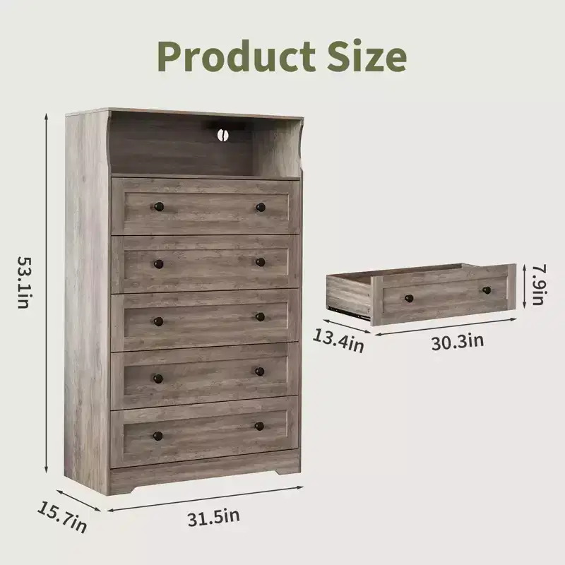 5-Drawer Tall Dresser with Display Shelf, Modern Wood Storage Cabinet for Bedroom, Closet, Living Room, Hallway