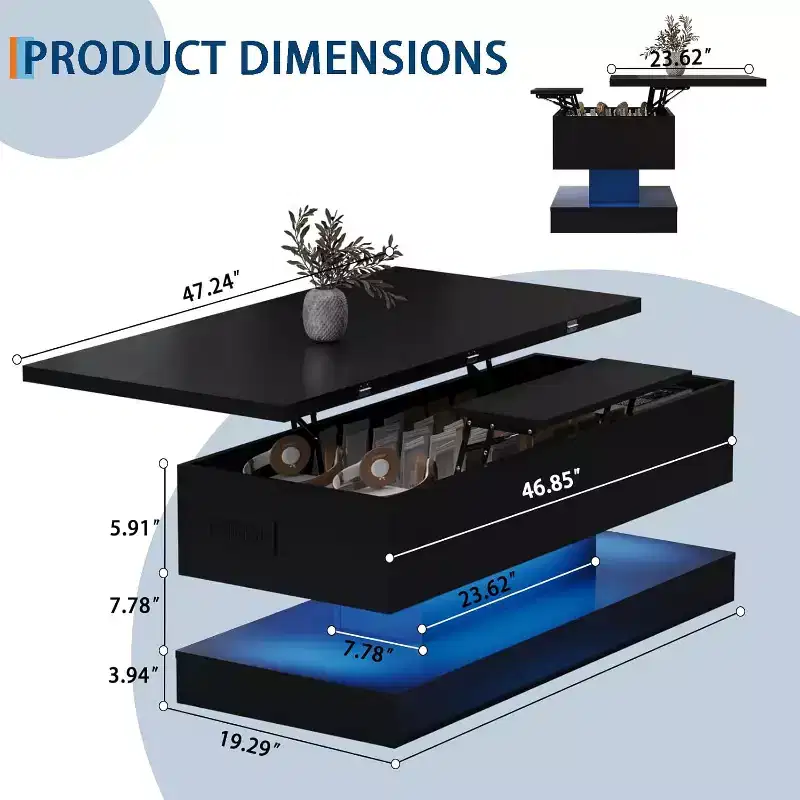 47-Inch Lift Top Coffee Table with Hidden Storage – Modern Black, MDF & Particle Board
