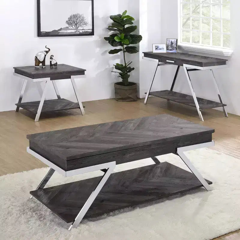 3pc Roma Occasional Table Set Dark Gray/Chrome - Steve Silver Co.: Modern Living Room Furniture Set with Lift-Top Design