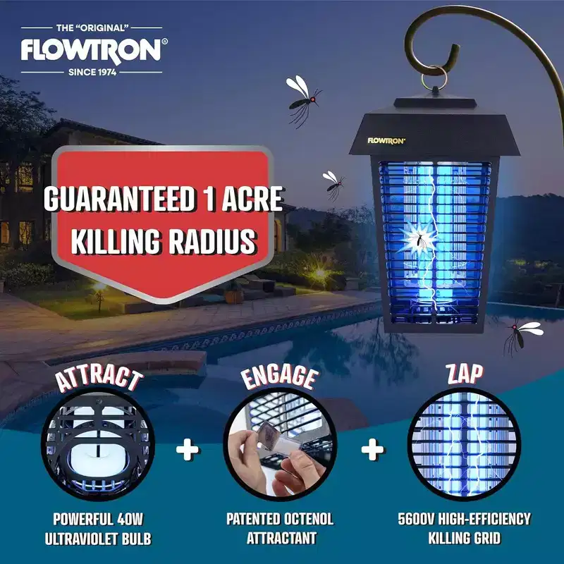 Flowtron 1 Acre Bug Zapper with 40W Bulb & 5600V Instant Killing Grid, Electric Mosquito Zapper