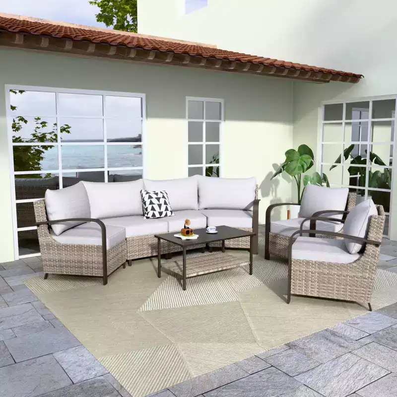 EAGLE PEAK Coastal Vista Outdoor Patio Furniture Set, Half-Moon Curved Wicker Patio Conversation Set with Coffee Table