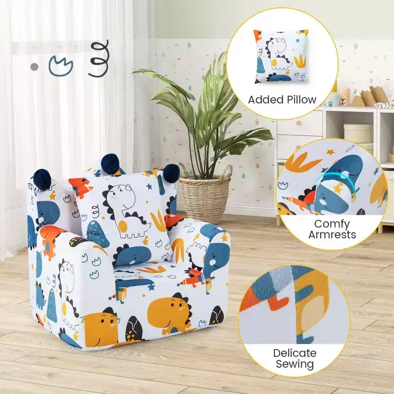 Costway Kids Sofa Chair Foam Filled Armchair Dinosaur Toddler Couch with Cover & Pillow