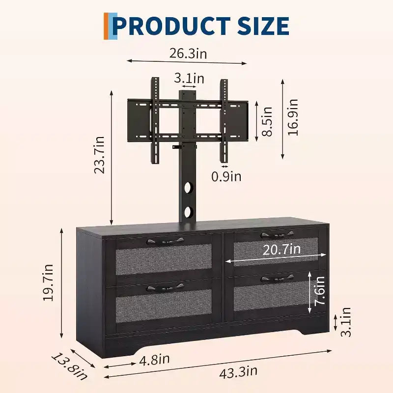 Rattan 4-Drawer TV Stand, Farmhouse Style for 70-Inch TVs, for Living Room, Easy Assembly