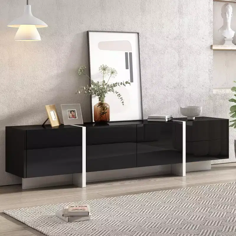 JVNOXK Modern Minimalist Black and White Rectangular TV Stand, a uniquely designed TV cabinet suitable for TVs under 80 inches, perfect living rooms