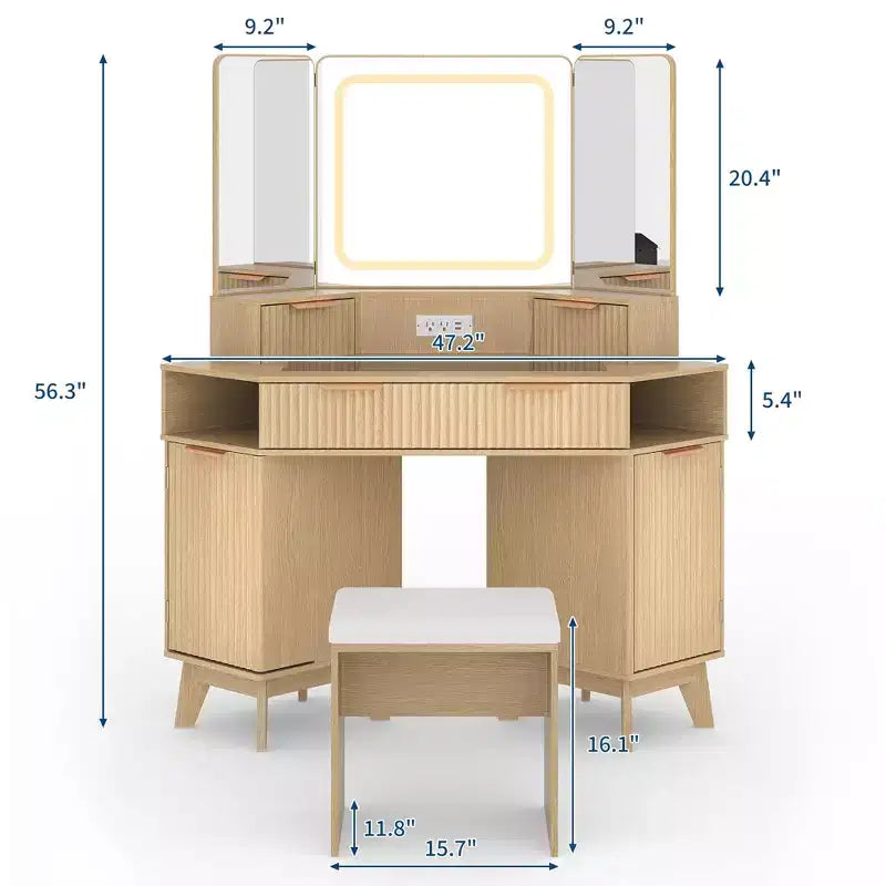 Corner Vanity Makeup Desk Natural Wood, Corner Vanity Table with Glass Top, Corners Vanity Desk with Mirror and Lights and Chair