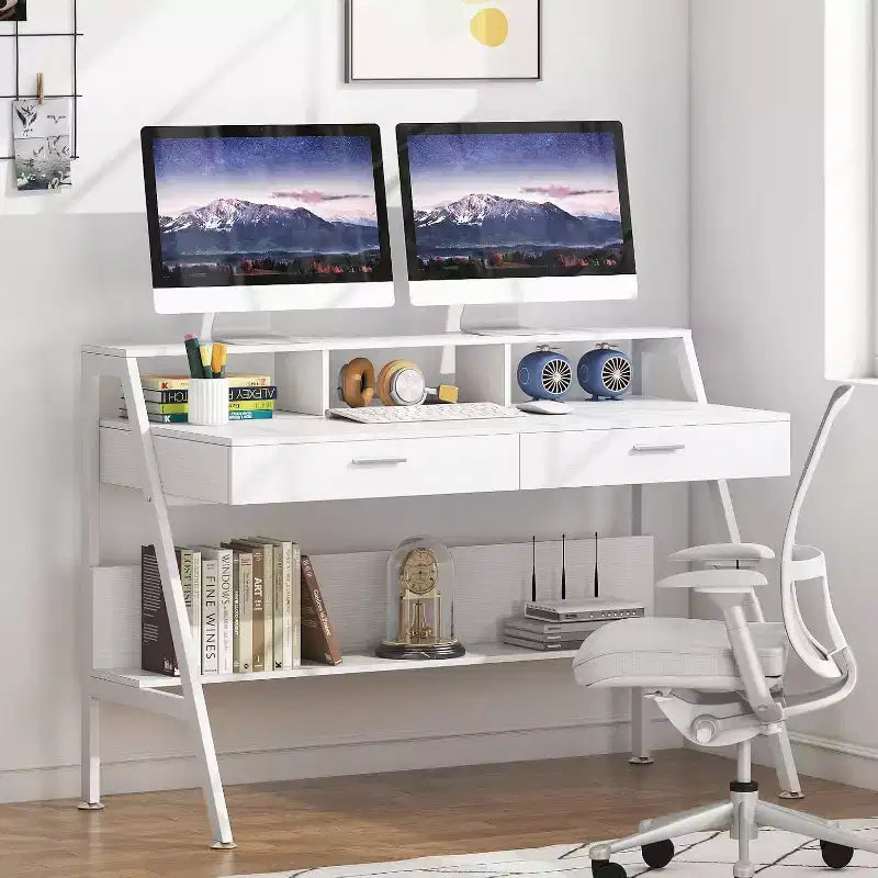 Lantine Modern 47 Computer Desk with Storage Shelf & Drawers, Office Writing Desk Study Table with Monitor Stand Riser for Home Office