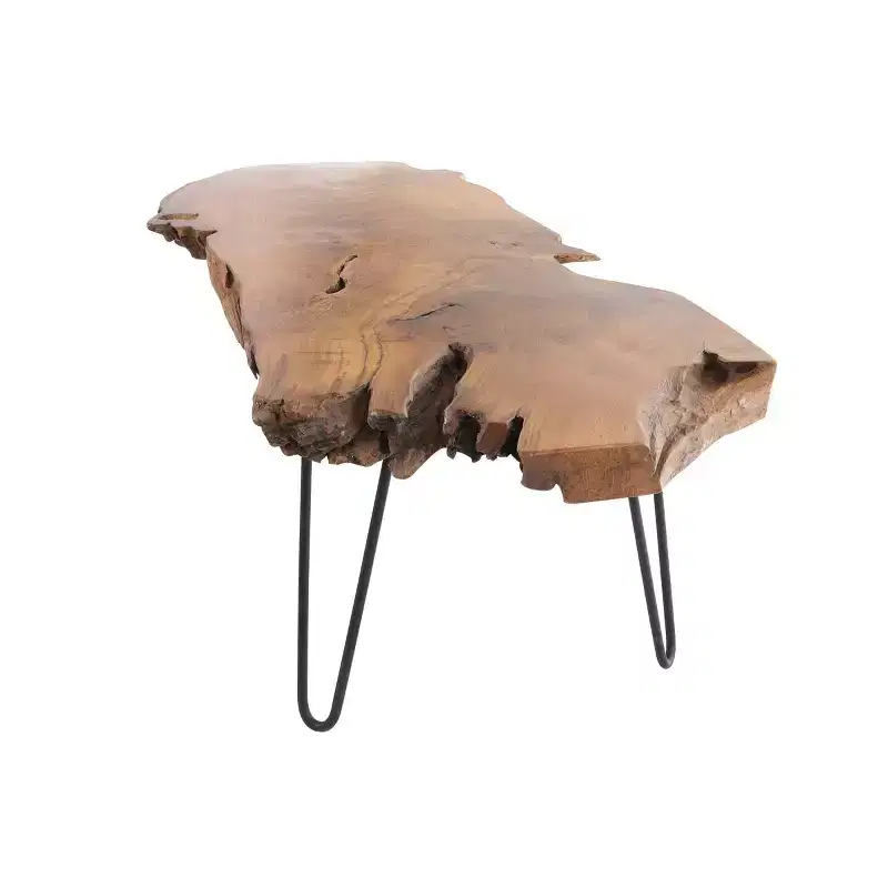 Olivia & May Teak Wood Handmade Live Edge Coffee Table with Black Metal Hairpin Legs Brown