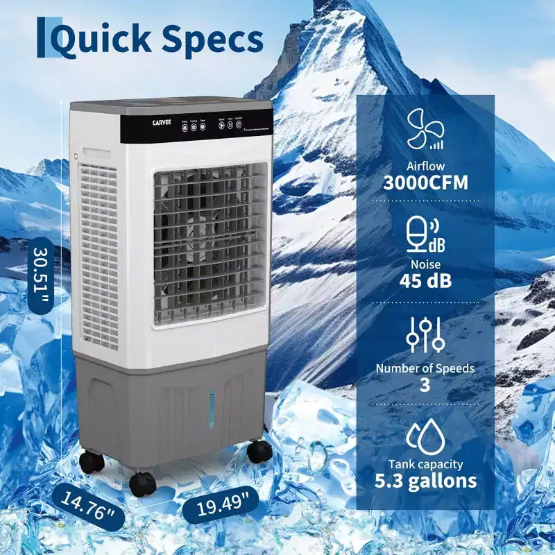 Air Cooler Evaporative Cooler with 5.3Gal Water Tank, 4 Ice Packs, 3-Speed, 120 Oscillation, Remote Control and Timer, 80W Portable Floor Standing