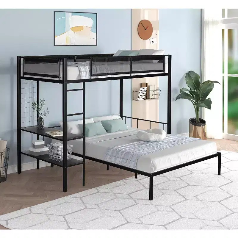 Twin Over Full Bunk Bed Frame with Grid Panel and 2-Tier Shelves, Metal Bunk Bed with Built-in Ladder and Full-Length Guardrail Black