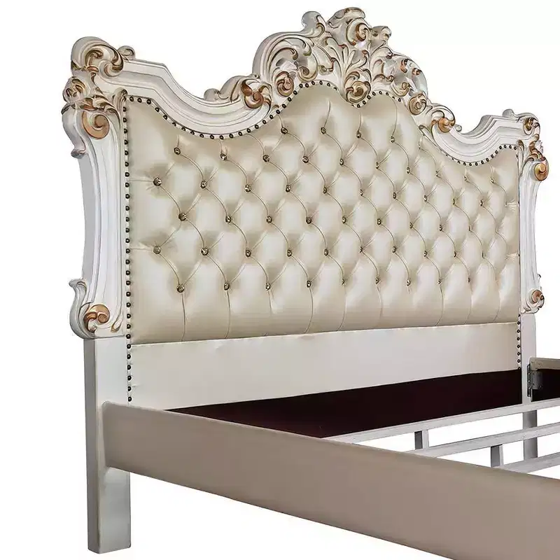 96" Eastern King Bed Vendome Antique Pearl Finish - Acme Furniture: Luxury Upholstered Tufted Headboard, Faux Leather, Glam Style