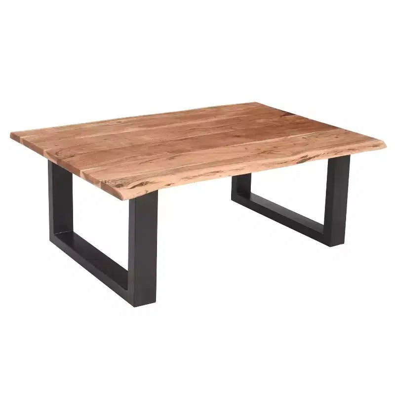 The Urban Port 45 Acacia Wood Rectangular Coffee Table Live Edge Details Black Powder Coated Metal Base Natural Brown