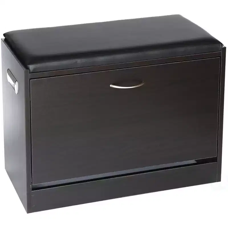 Black Wooden Shoe Storage Bench with Leather Cushion