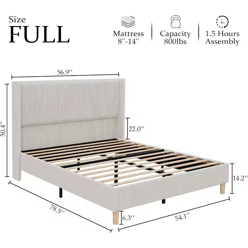 Bed Frame, Corduroy Upholstered King Bed Frame with Wingback Headboard, No Box Spring Needed, Solid Wooden Slats, Noise Free, Beige