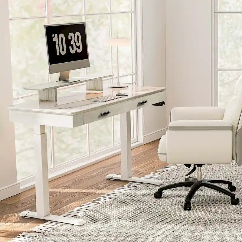 Ergonomic 55 Slate Stone Standing Desk Executive Writing Desk with 2 Drawers & Monitor Stand