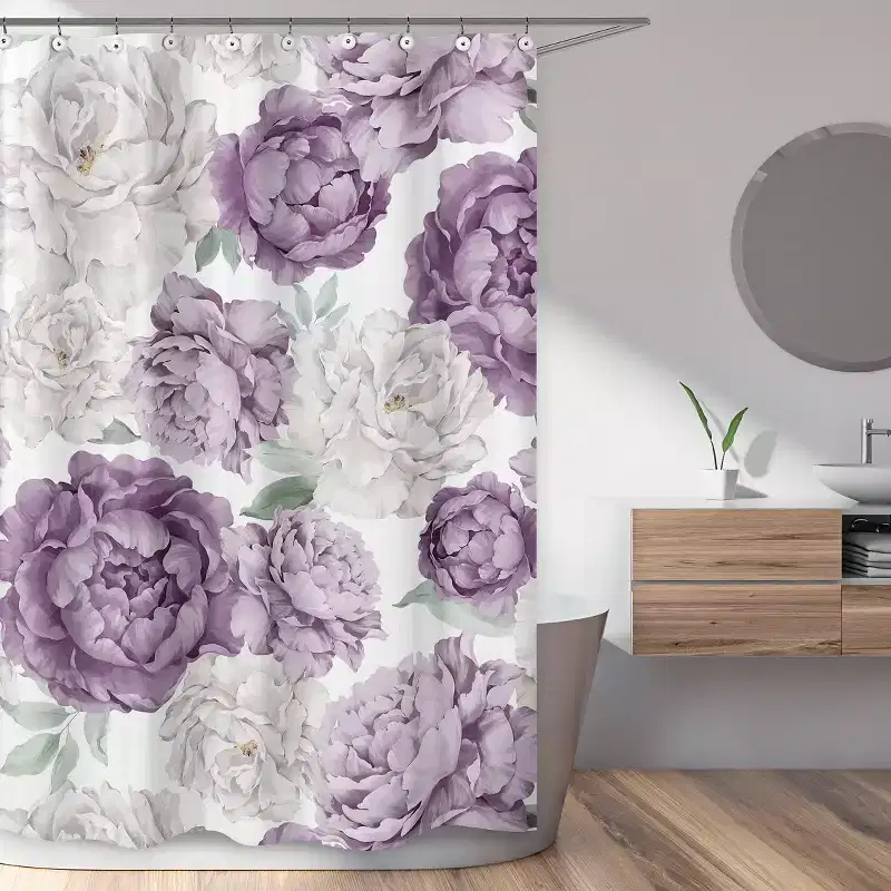 Sweet Jojo Designs Girl Shower Curtain 72in.x72in. Peony Floral Garden Lavender Purple and Ivory
