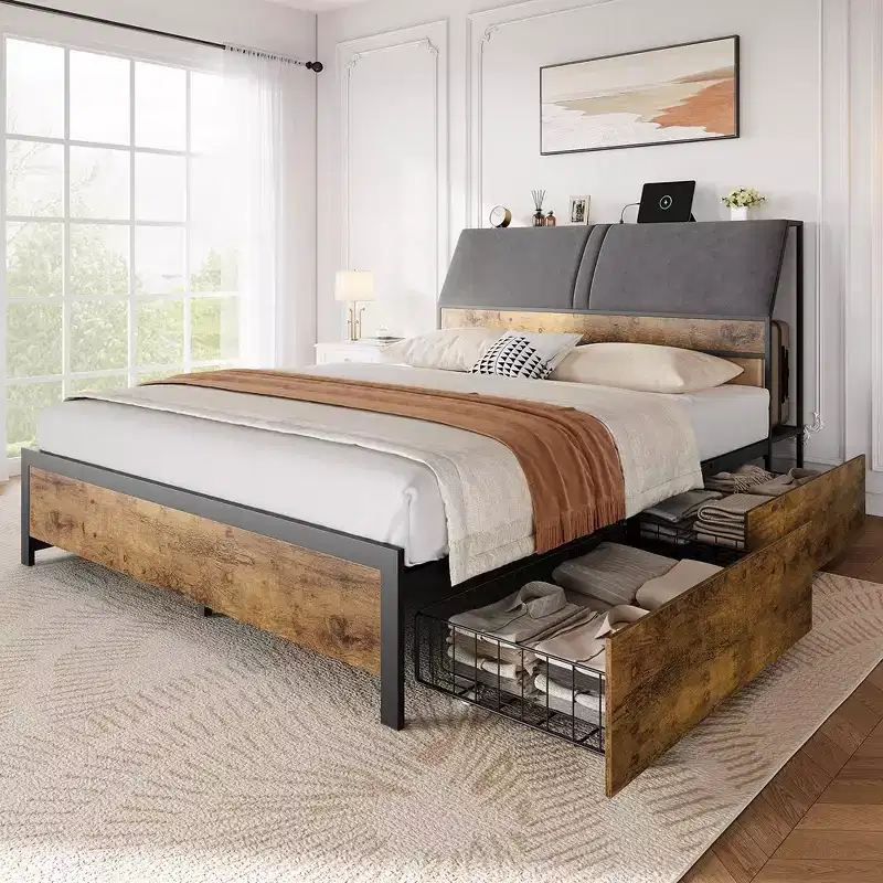 Platform Bed Frame with Charging Station, 4 Storage Drawers, Upholstered Headboard, 1000 lb Capacity, Brown